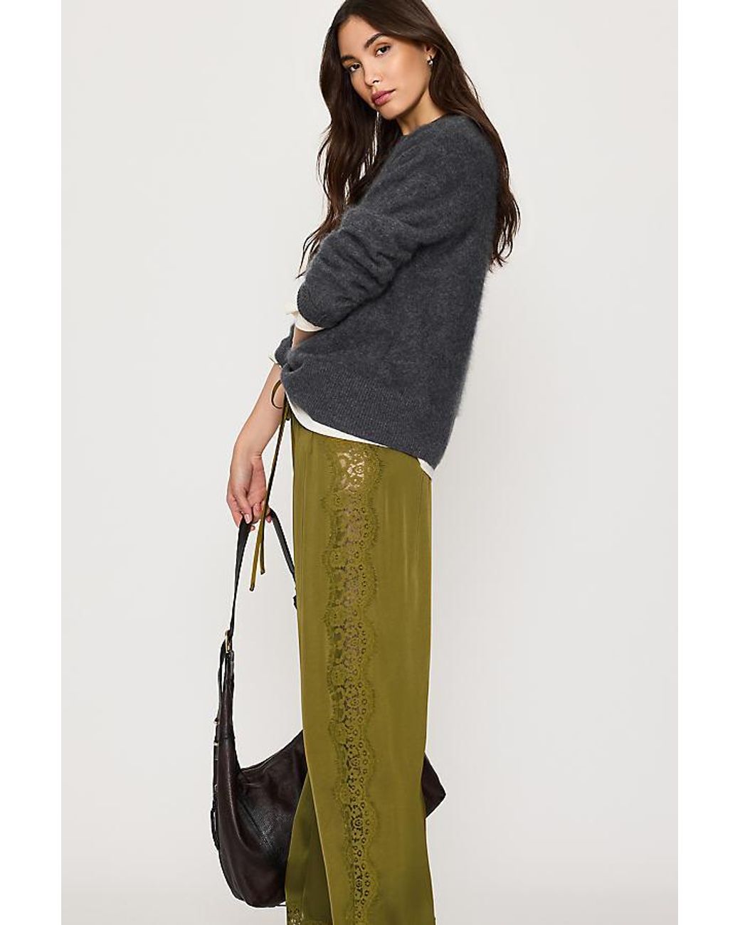 By Anthropologie Green Satin Lace Wide-Leg Trousers