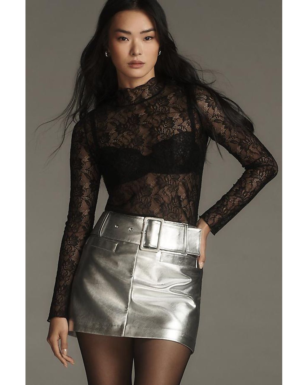By Anthropologie Black Lace Layering Turtleneck Top