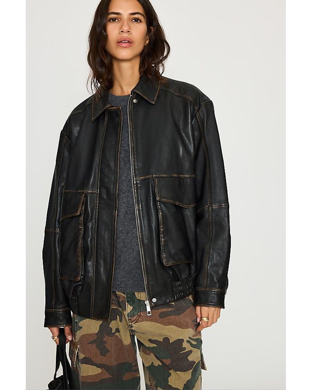 By Anthropologie Black Real Leather Bomber Jacket
