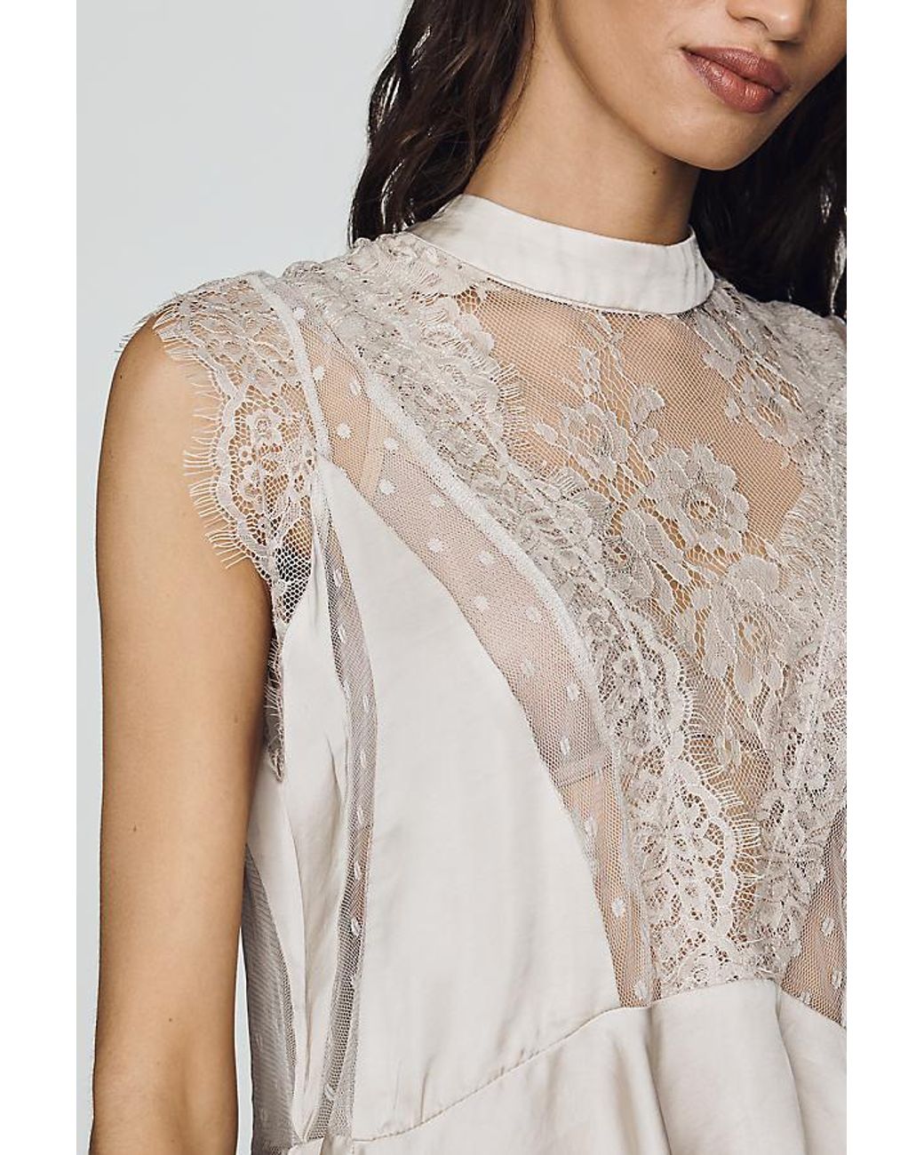 By Anthropologie Natural Harmony Sheer Lace Peplum Blouse