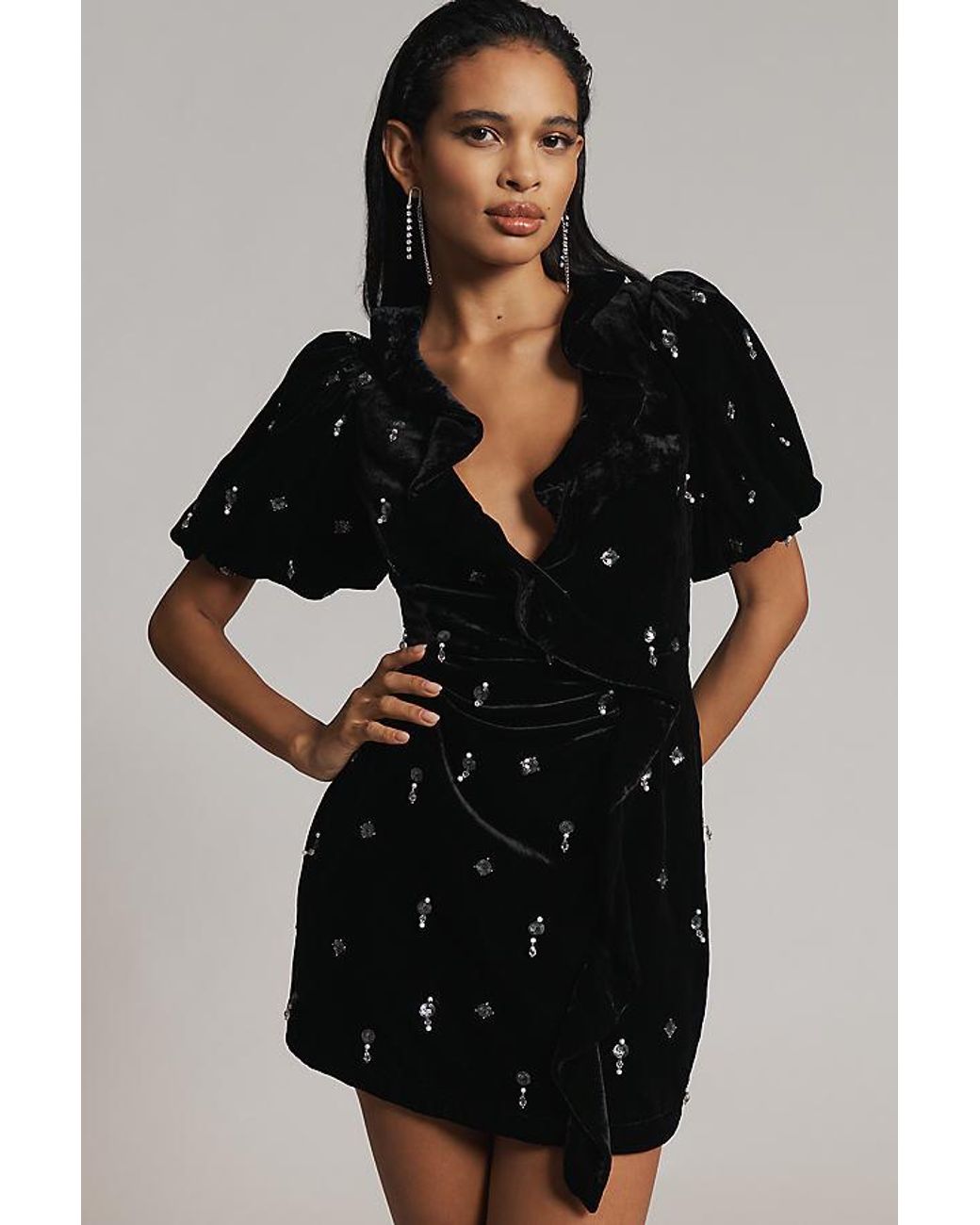 Maeve Short-Sleeve Embellished Velvet Mini Dress in Black | Lyst UK
