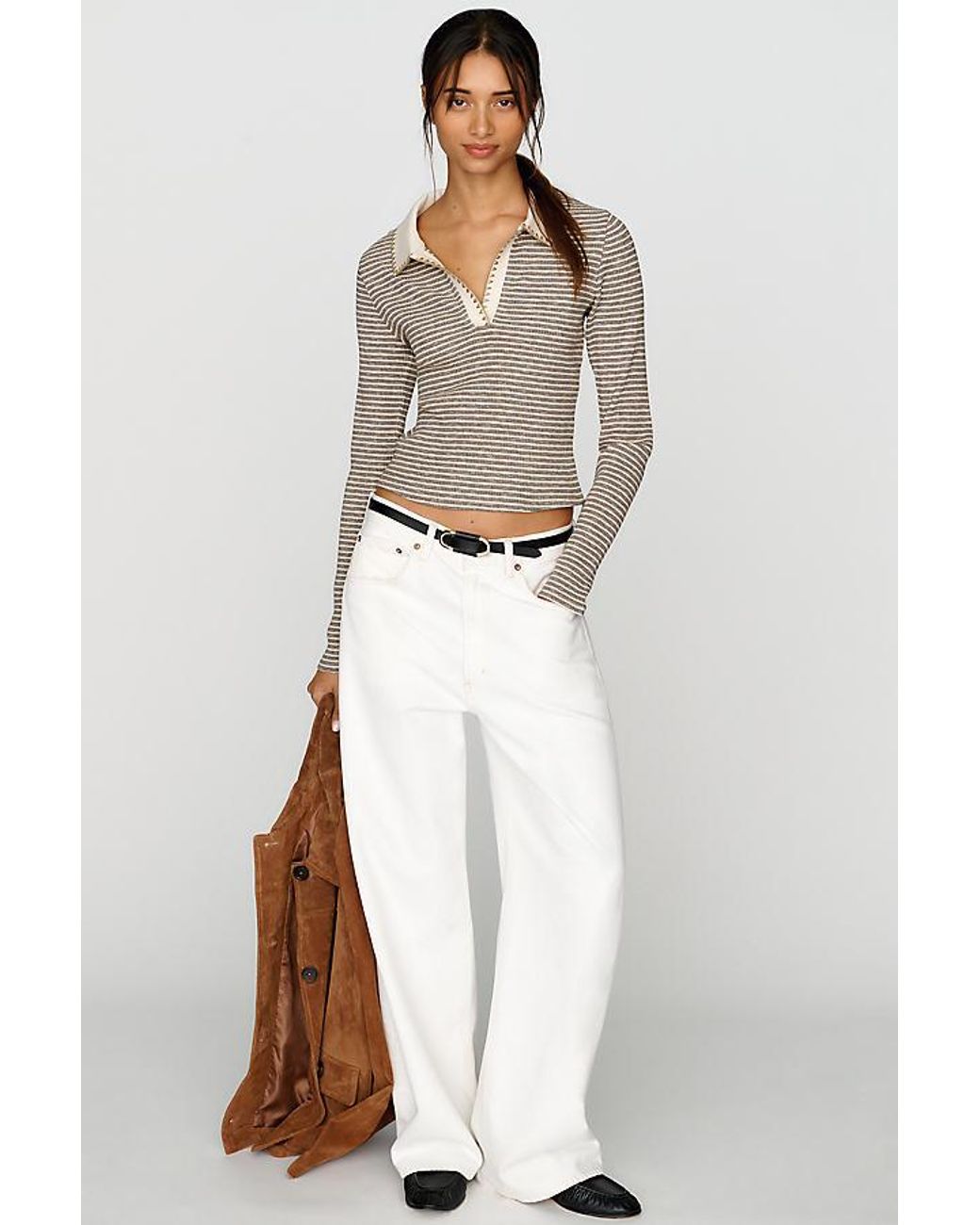 Pilcro Gray Cotton-Blend Stitchy Stripe Polo Top