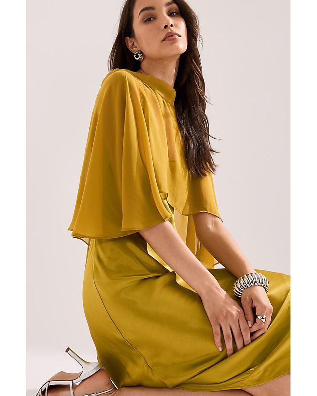 By Anthropologie Yellow Casey Cape Overlay Satin Midi Dress