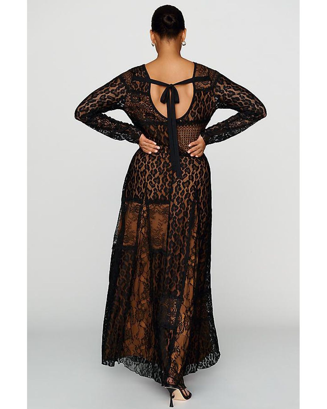 By Anthropologie Gray Long-Sleeve Mixed Lace Maxi Dress