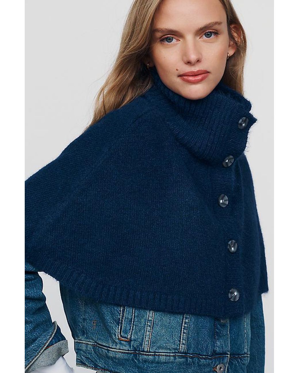 By Anthropologie Blue Cropped Funnel-Neck Poncho