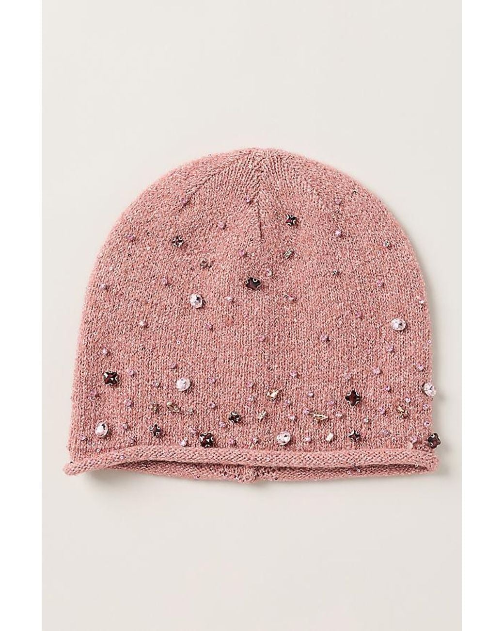By Anthropologie Pink Cuffless Embellished Beanie