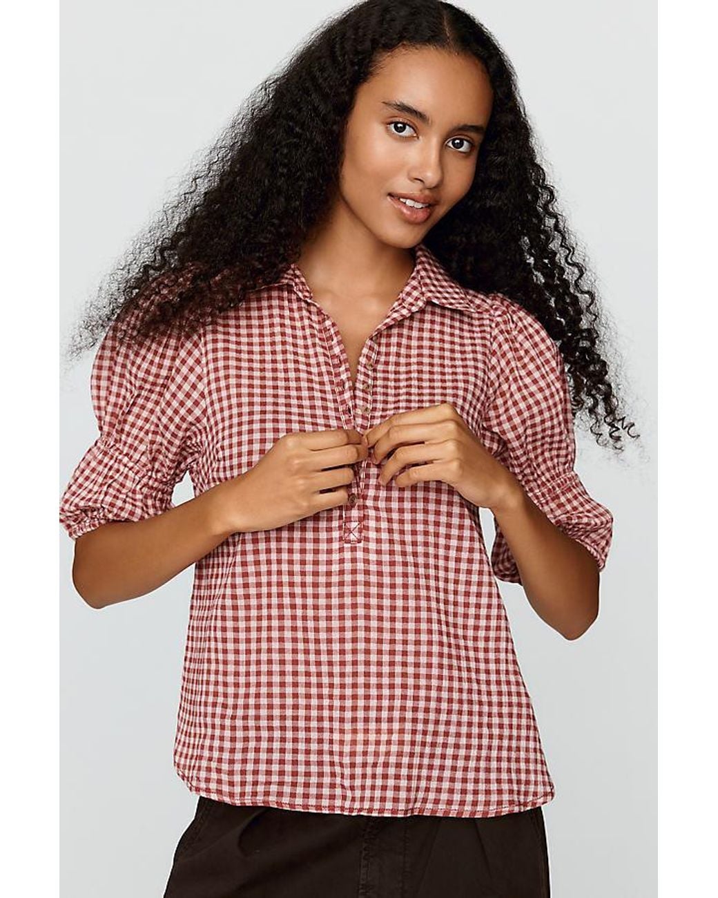 Pilcro Red The Tallulah Puff-Sleeve Buttondown Top By
