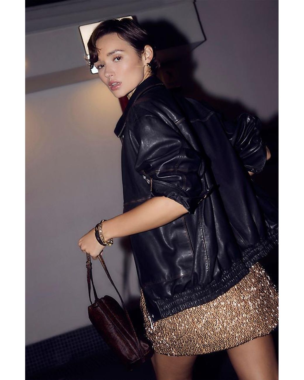 By Anthropologie Black Real Leather Bomber Jacket