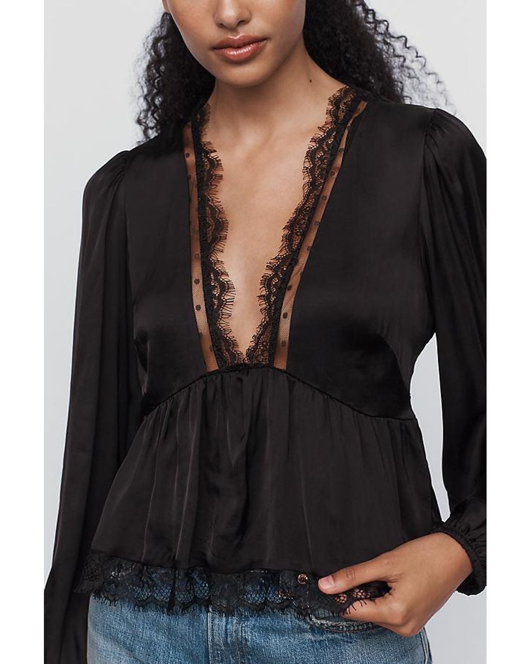 By Anthropologie Black Satin Lace Trimmed Plunge Blouse