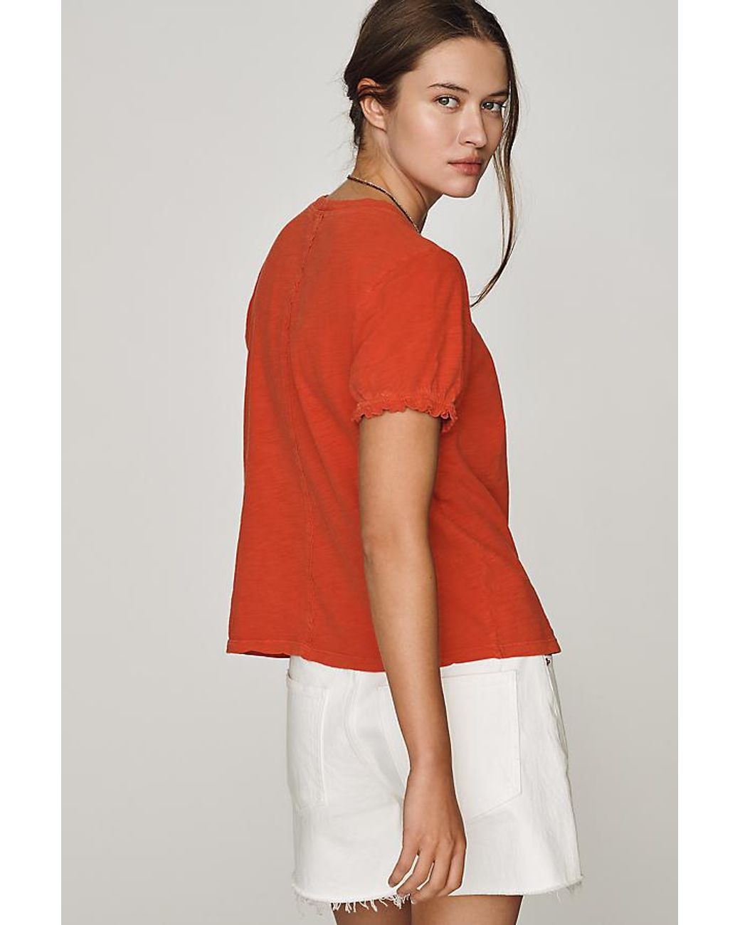 Pilcro Pink The Bennie Cotton-Slub Crew-Neck T-Shirt By Puff-Sleeve Edition