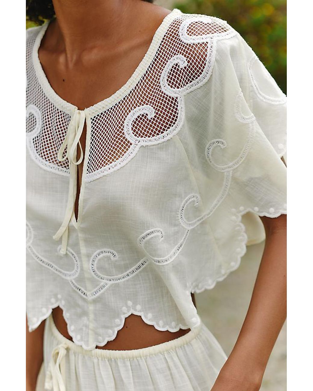 Celandine Green 100% Cotton Scalloped Cape Blouse