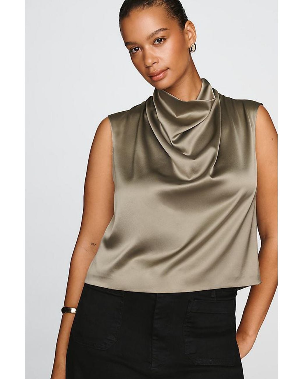 By Anthropologie Green Stretch Silk Cowl-Neck Top