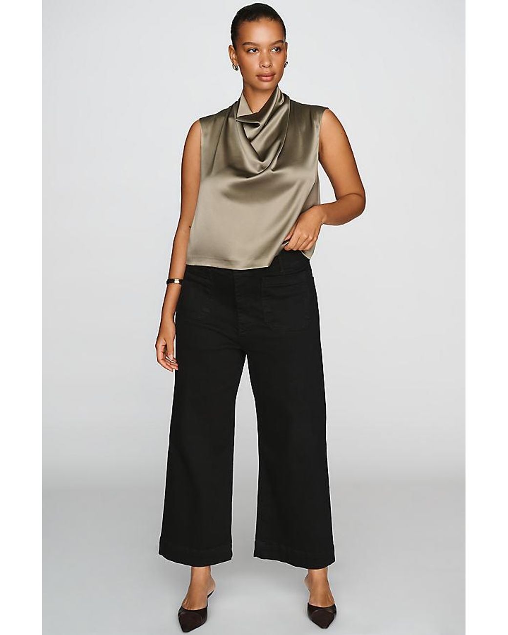 By Anthropologie Green Stretch Silk Cowl-Neck Top