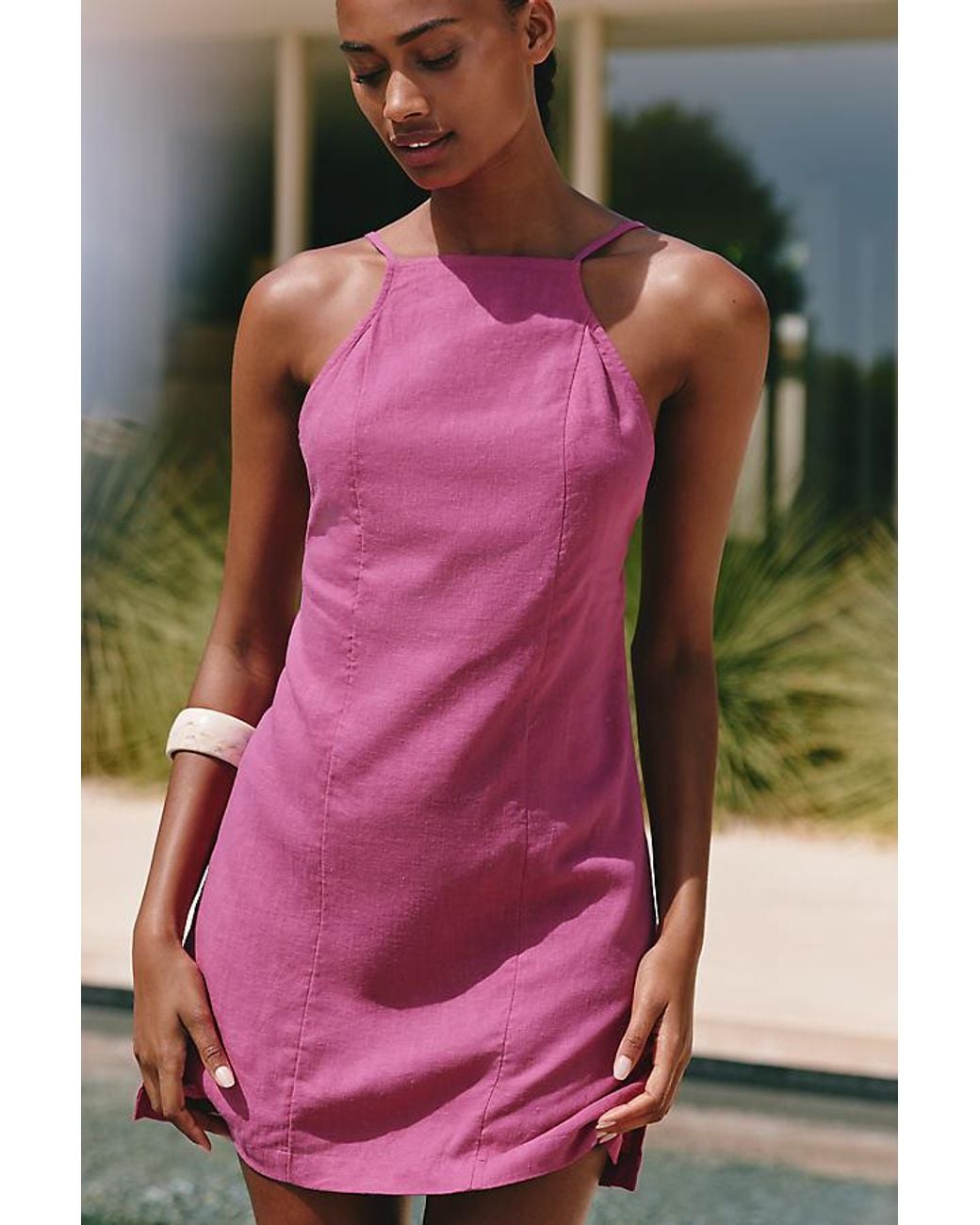 Celandine Pink Linen-Blend Beaded Cross-Back Mini Dress