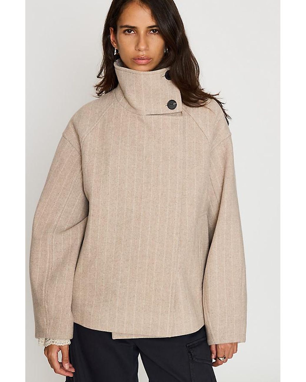 By Anthropologie Blue Funnel-Neck Stripe Wool-Blend Jacket