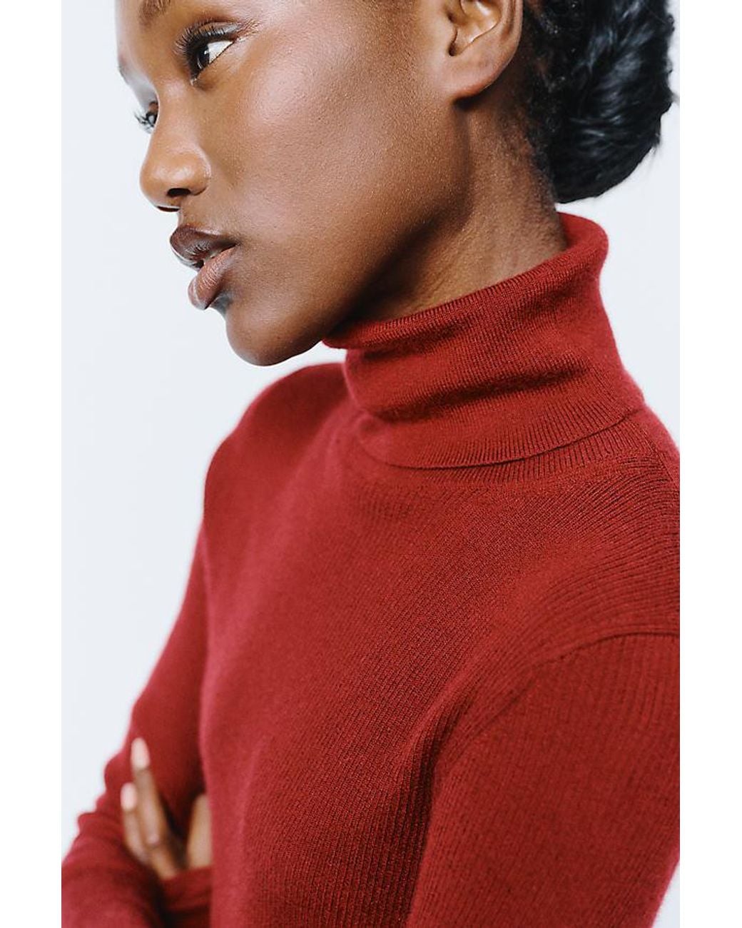 Maeve Red 100% Cashmere Ribbed Turtleneck Top
