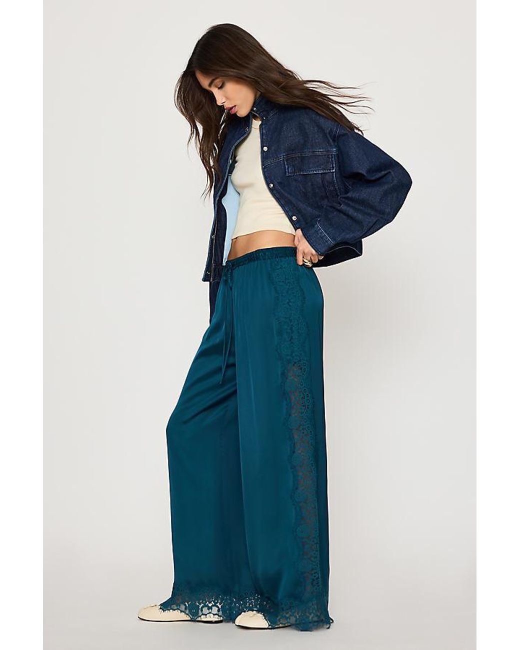 By Anthropologie Blue Satin Lace Wide-Leg Trousers
