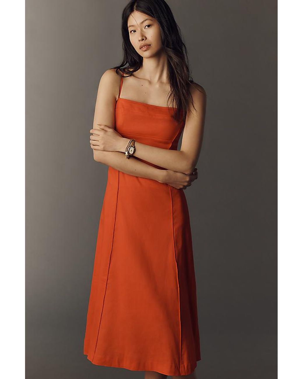 Maeve Red Linen-Blend Colourblock Midi Dress