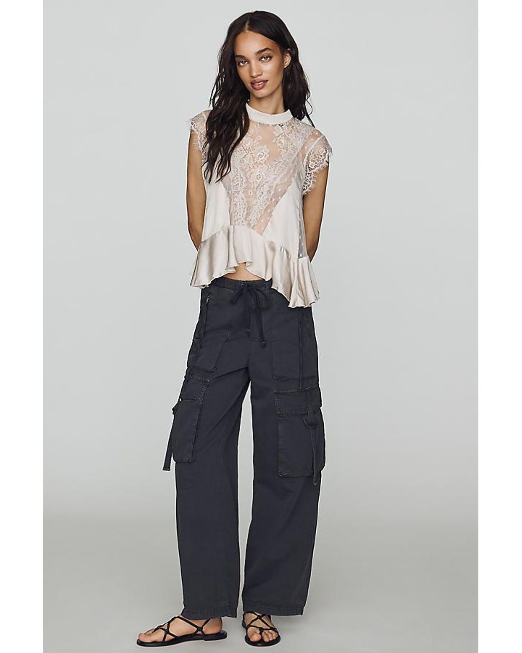 By Anthropologie Natural Harmony Sheer Lace Peplum Blouse