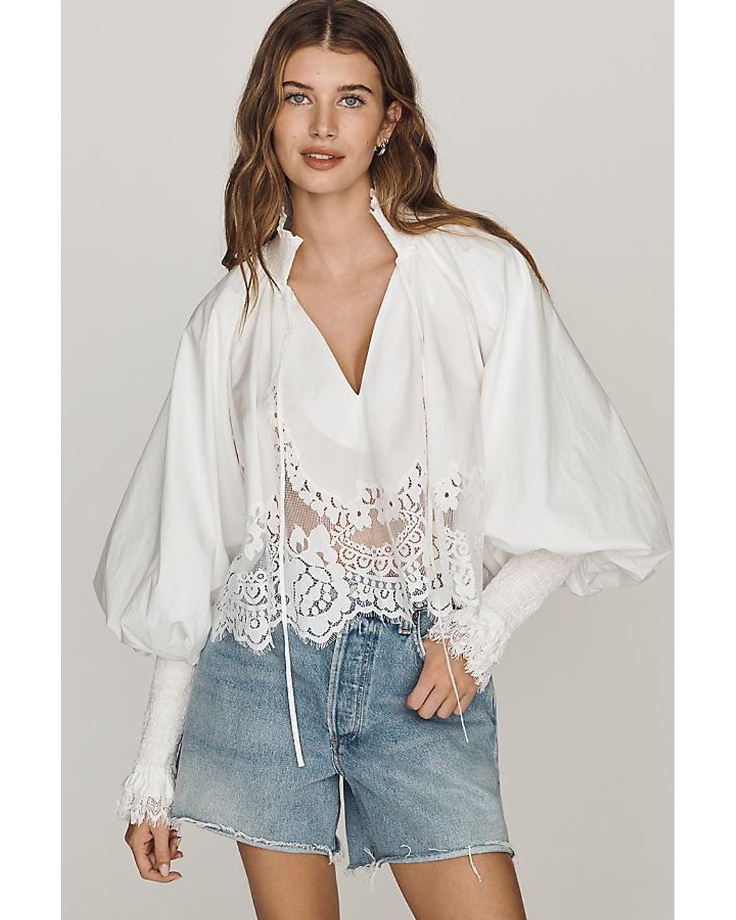 Mare Mare White Lace Inset Long-Sleeve Blouse