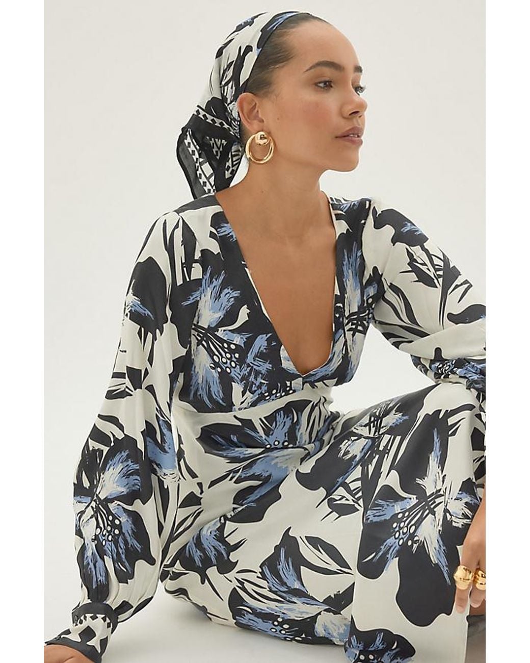 By Anthropologie Blue Floral Printed Headscarf