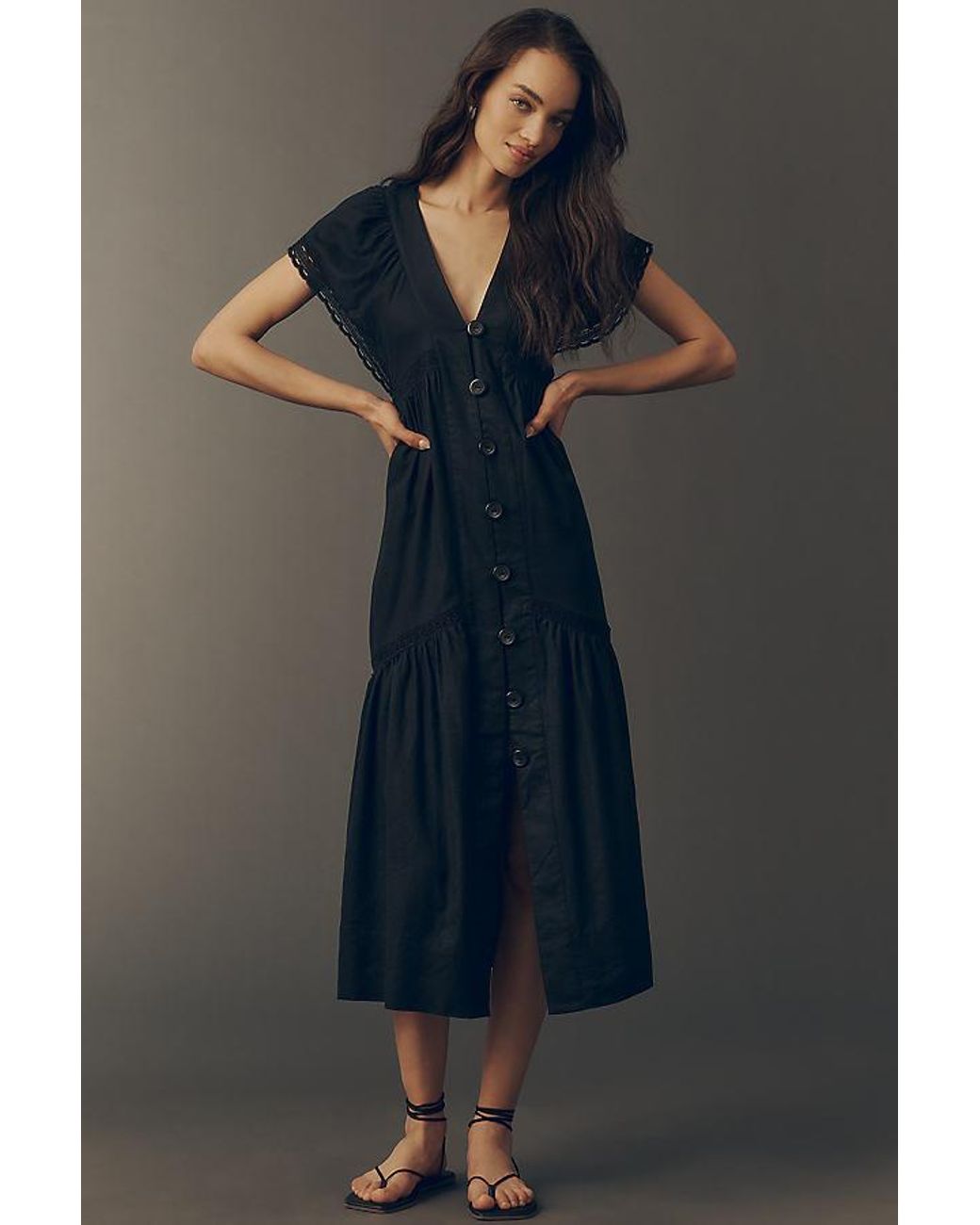 By Anthropologie Blue The Reneé Linen-Blend Button-Front Midi Dress