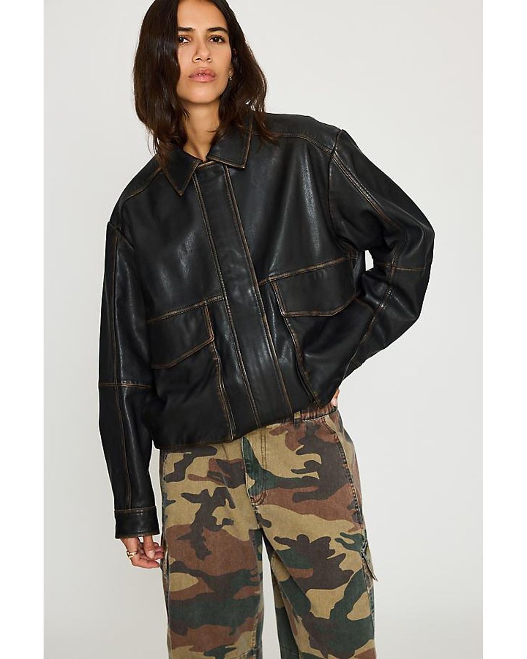 By Anthropologie Black Real Leather Bomber Jacket