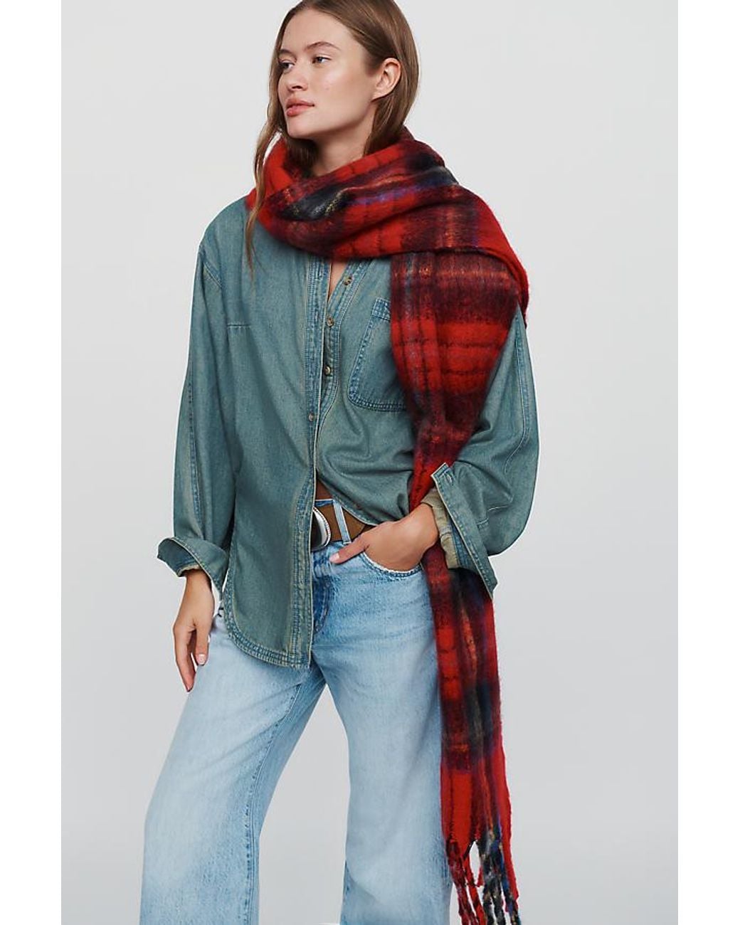 By Anthropologie Red Brushed Plaid Scarf