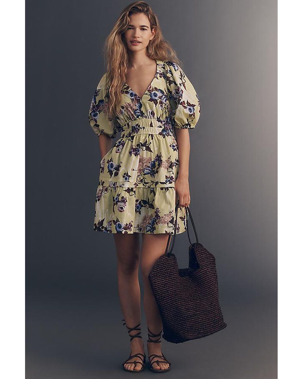 Maeve Blue Cotton Puff-Sleeve Smocked A-Line Mini Dress