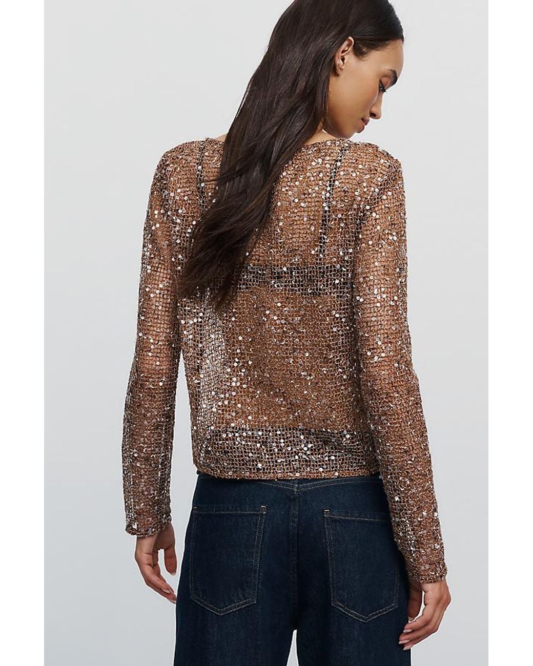 By Anthropologie Blue Sheer Sequin Crew-Neck Top