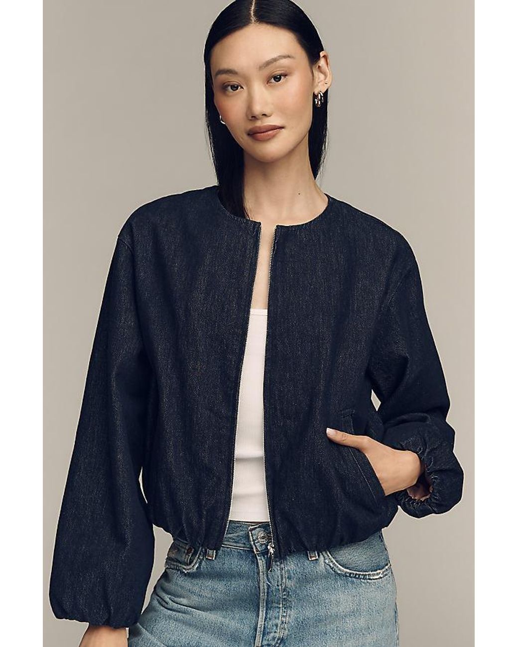 Pilcro Blue Cotton Denim Collarless Jacket
