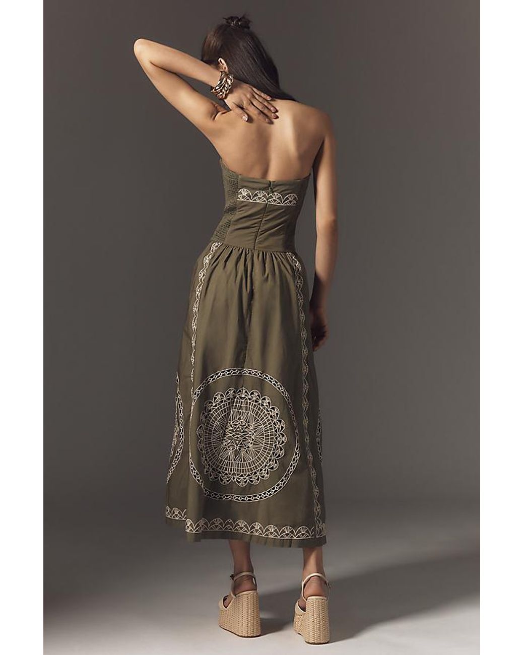 anthropologie brown strapless dress BHLDN Rosette Mesh Strapless Maxi Dress