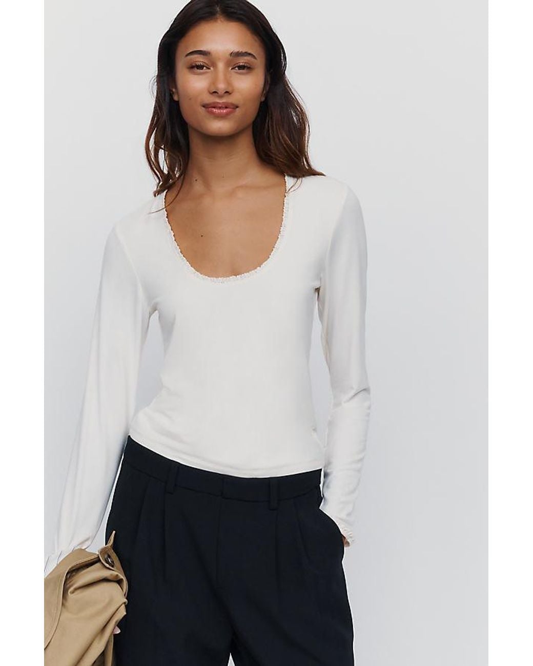 Maeve White Lace-Trim Long-Sleeve Top