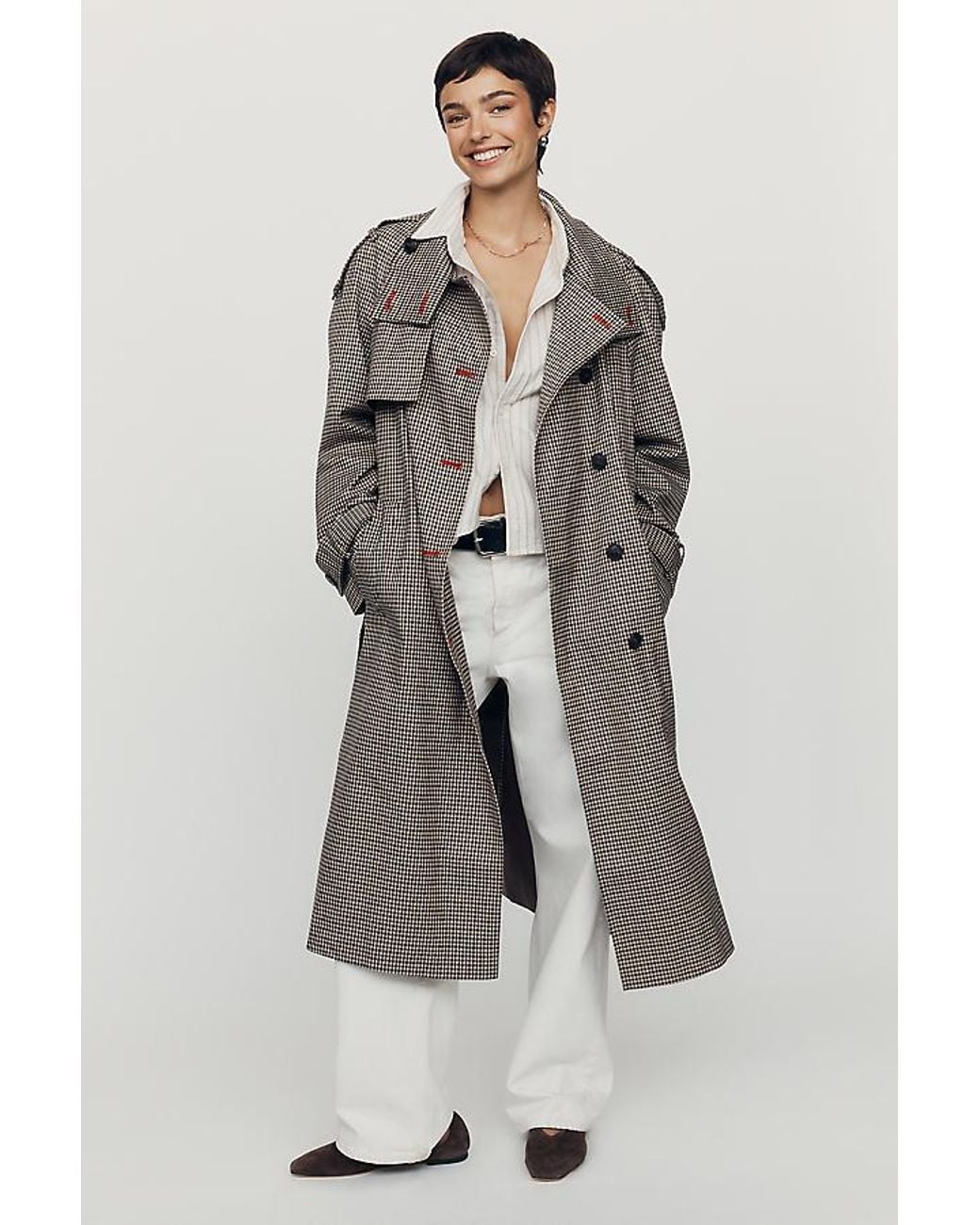 By Anthropologie Natural Lottie Check Maxi Trench Coat
