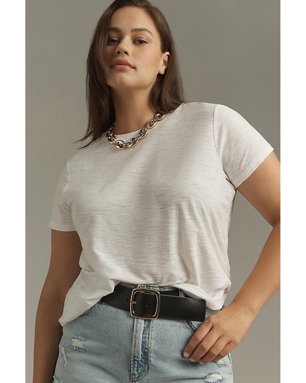 Pilcro Gray The Bennie Slim Crew Neck Cotton-Slub T-Shirt By