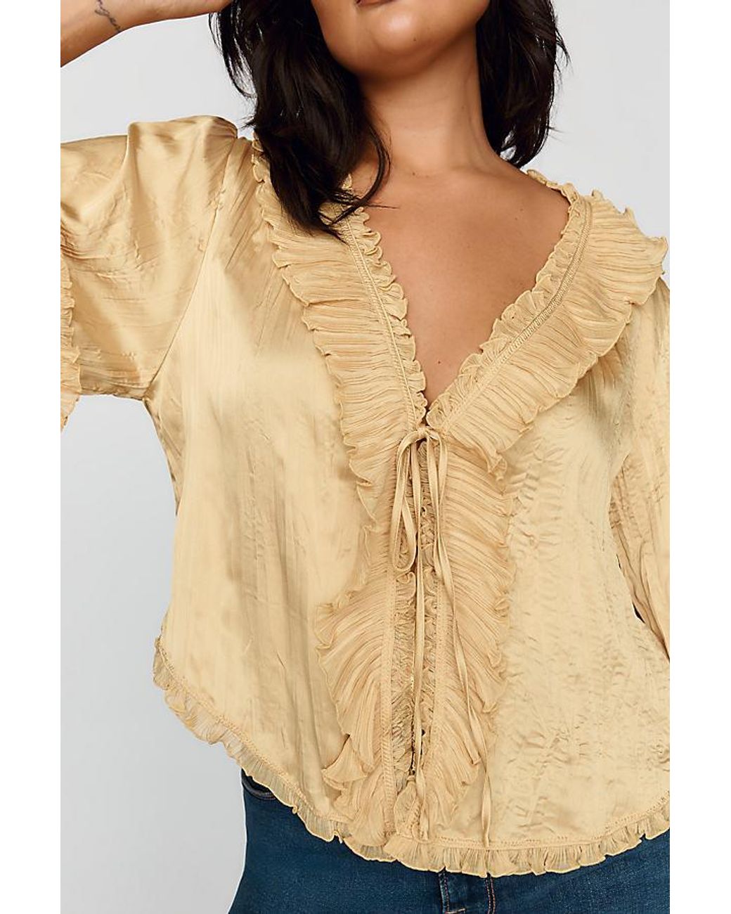 By Anthropologie Natural Mariana Satin Ruffled Tie-Front Blouse