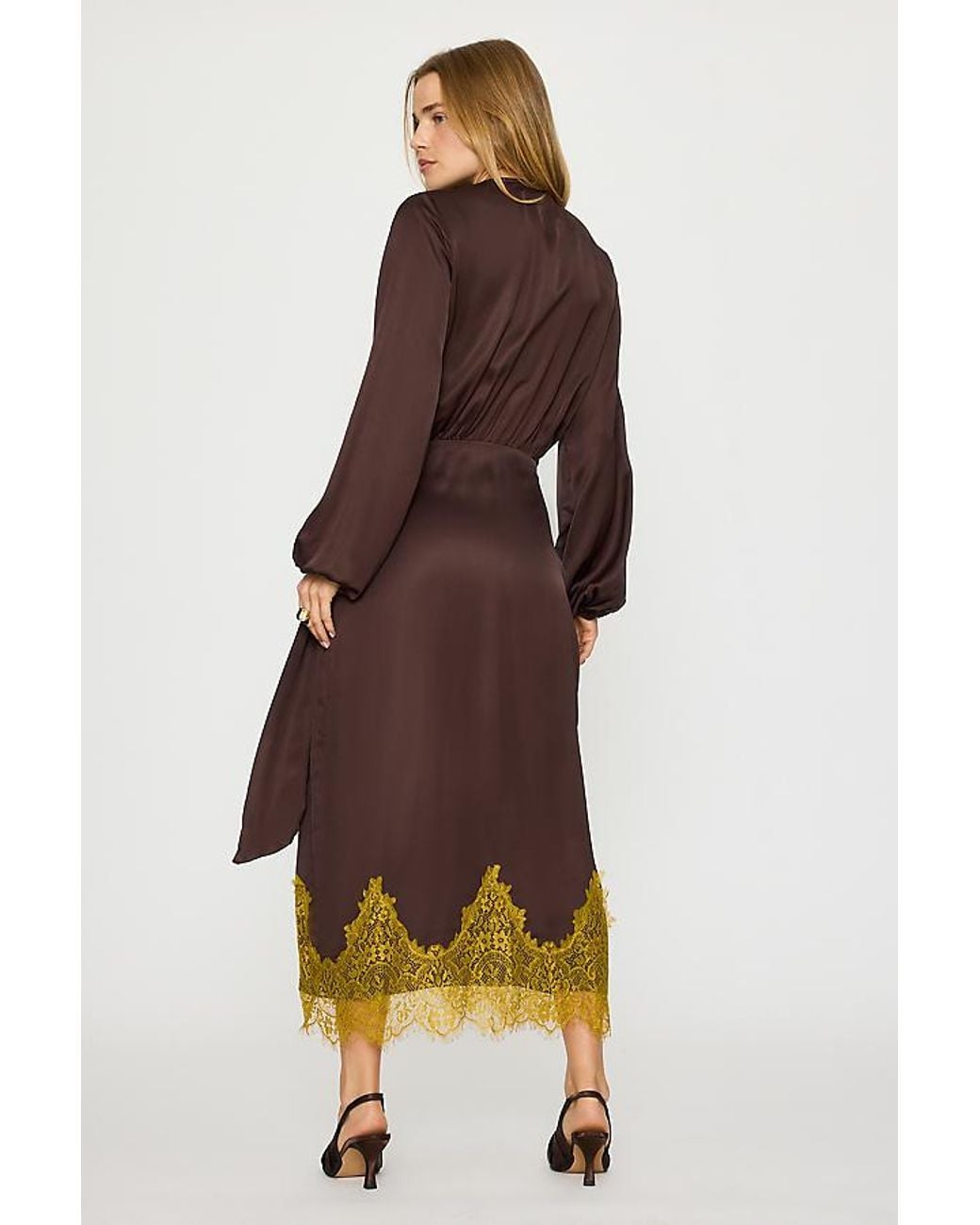 Never Fully Dressed Brown Isabella Satin Midi Wrap Dress