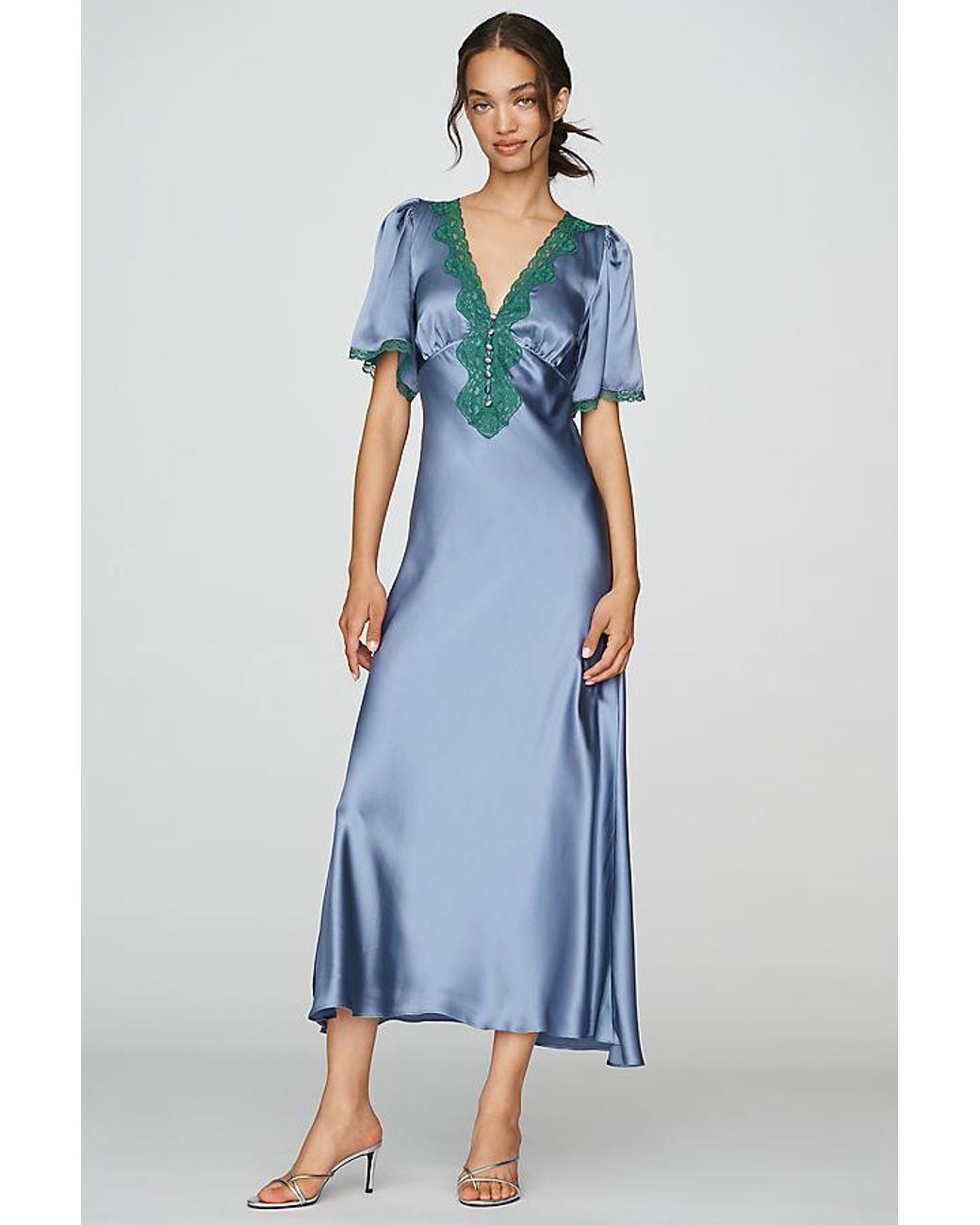 By Anthropologie Blue 100% Silk Lace-Trim Maxi Dress