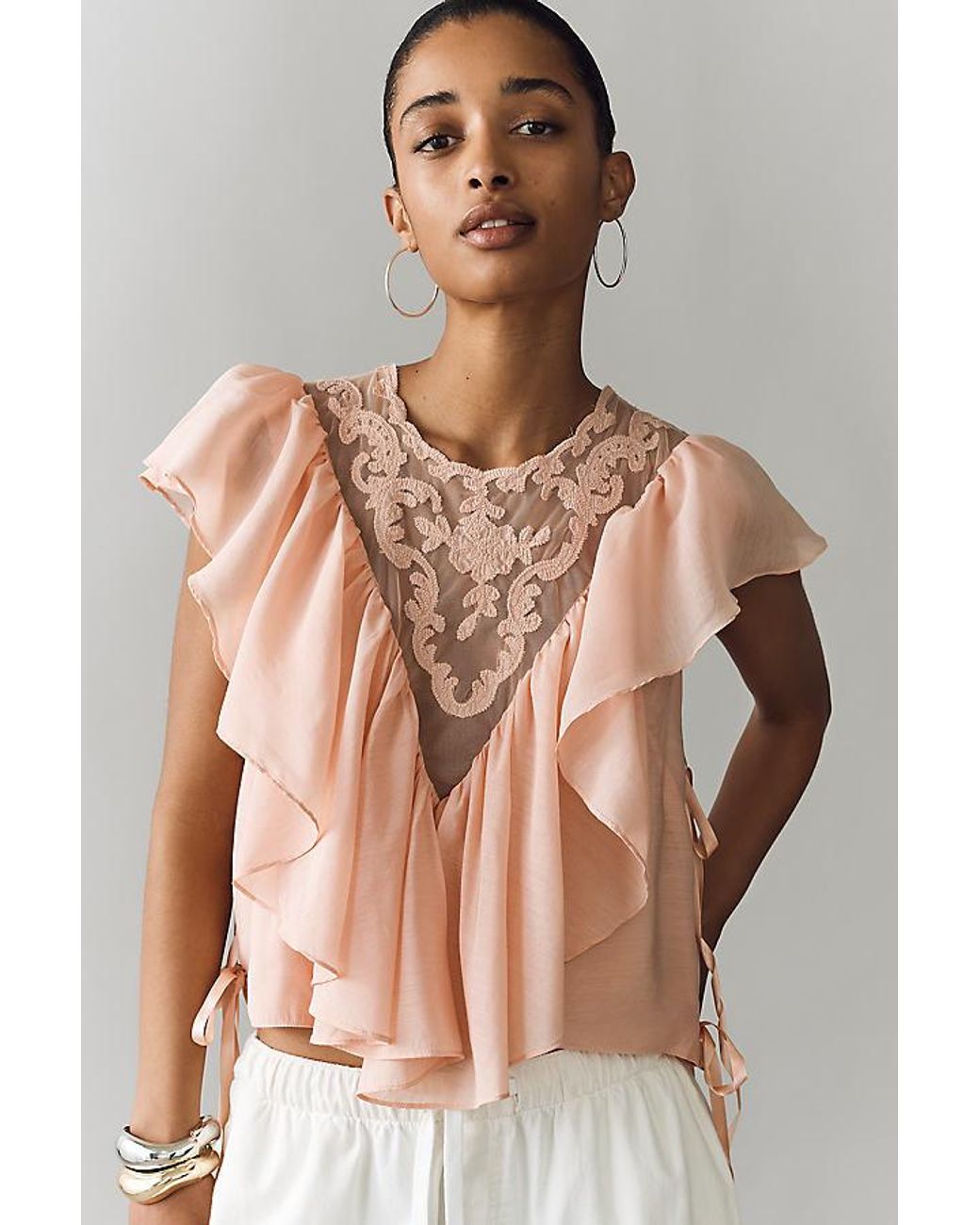 By Anthropologie Brown Sheer Ruffle Top