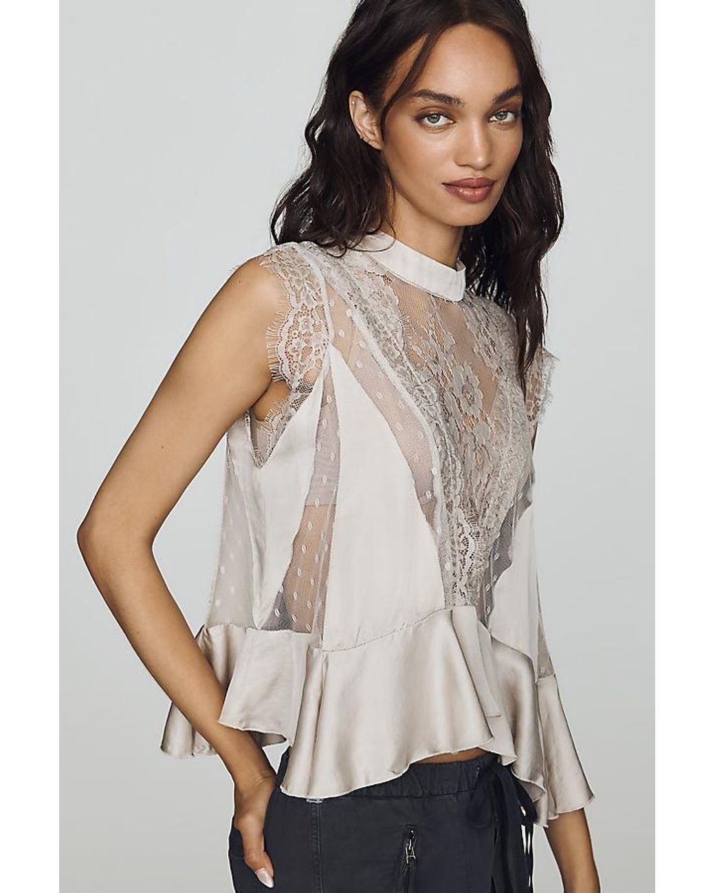By Anthropologie Natural Harmony Sheer Lace Peplum Blouse