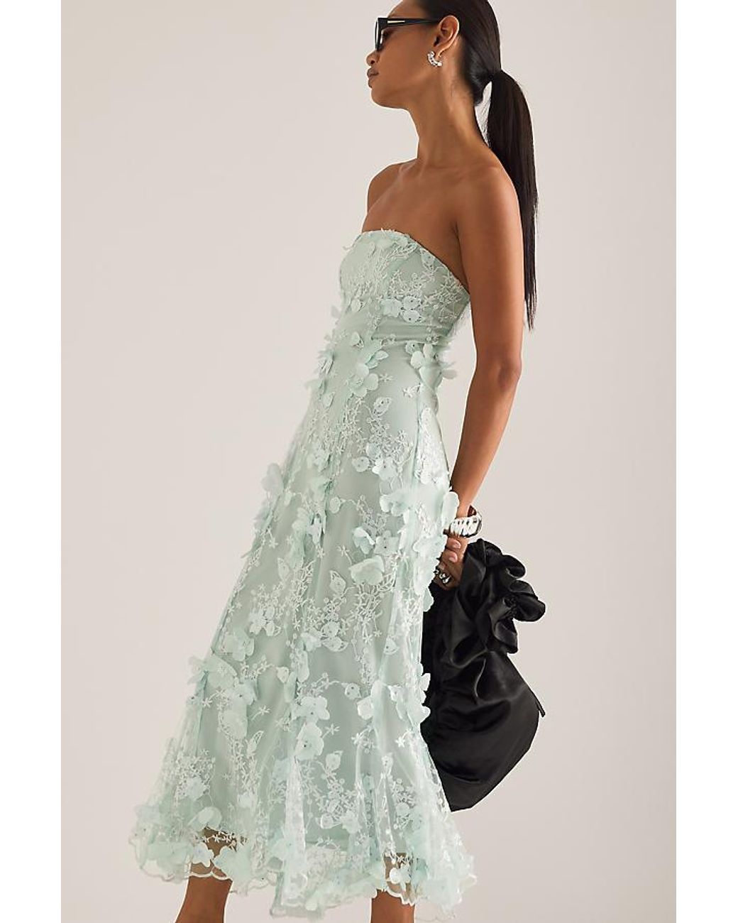 OperaSPORT Natural Naya 3D Floral Strapless Midi Dress