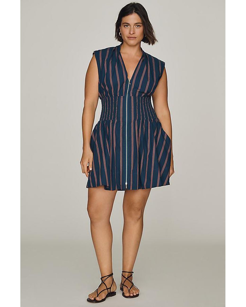By Anthropologie Blue The Tommie Cap-Sleeve Smocked Front-Zip Shirt Dress: Stripe Edition