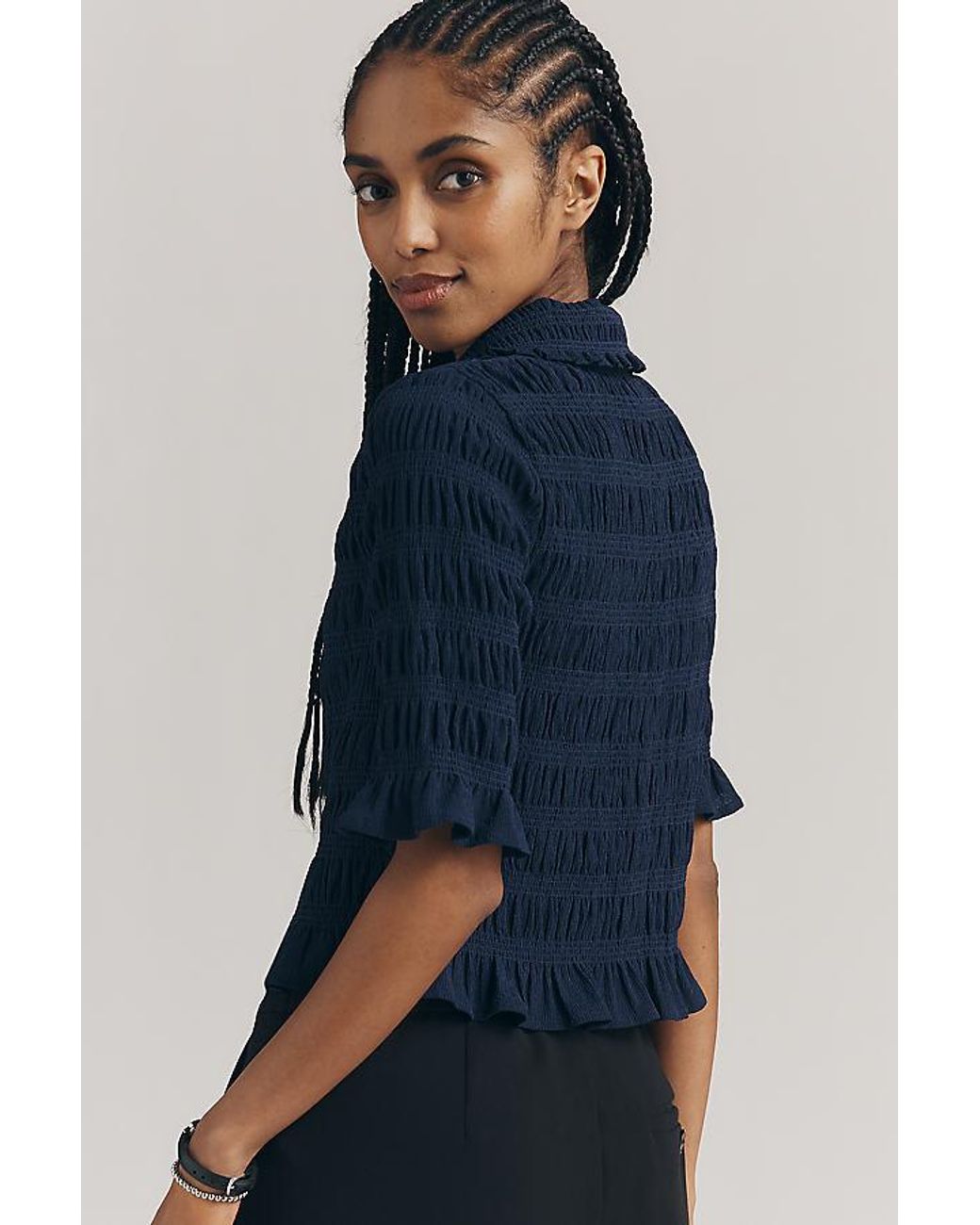 Maeve Gray Ruffle Button-Front Top