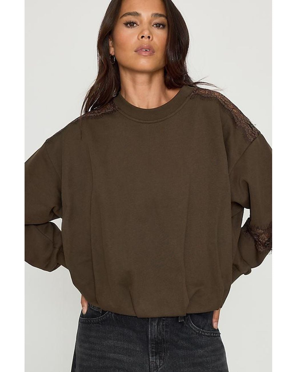 By Anthropologie Brown Lace Trim Sweatshirt