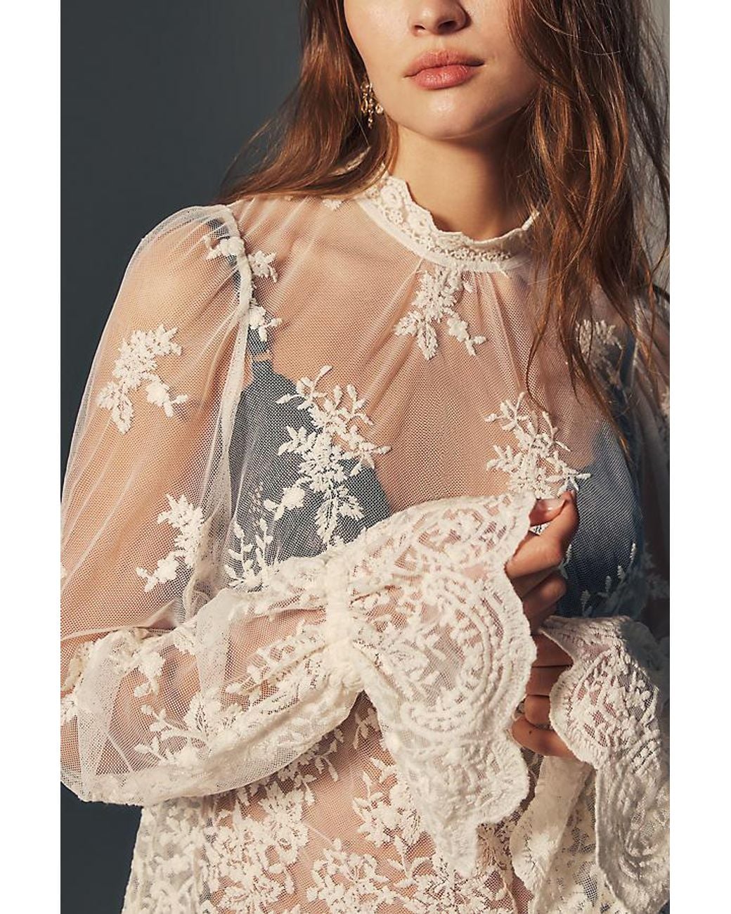 By Anthropologie White Sheer Lace High-Neck Blouse