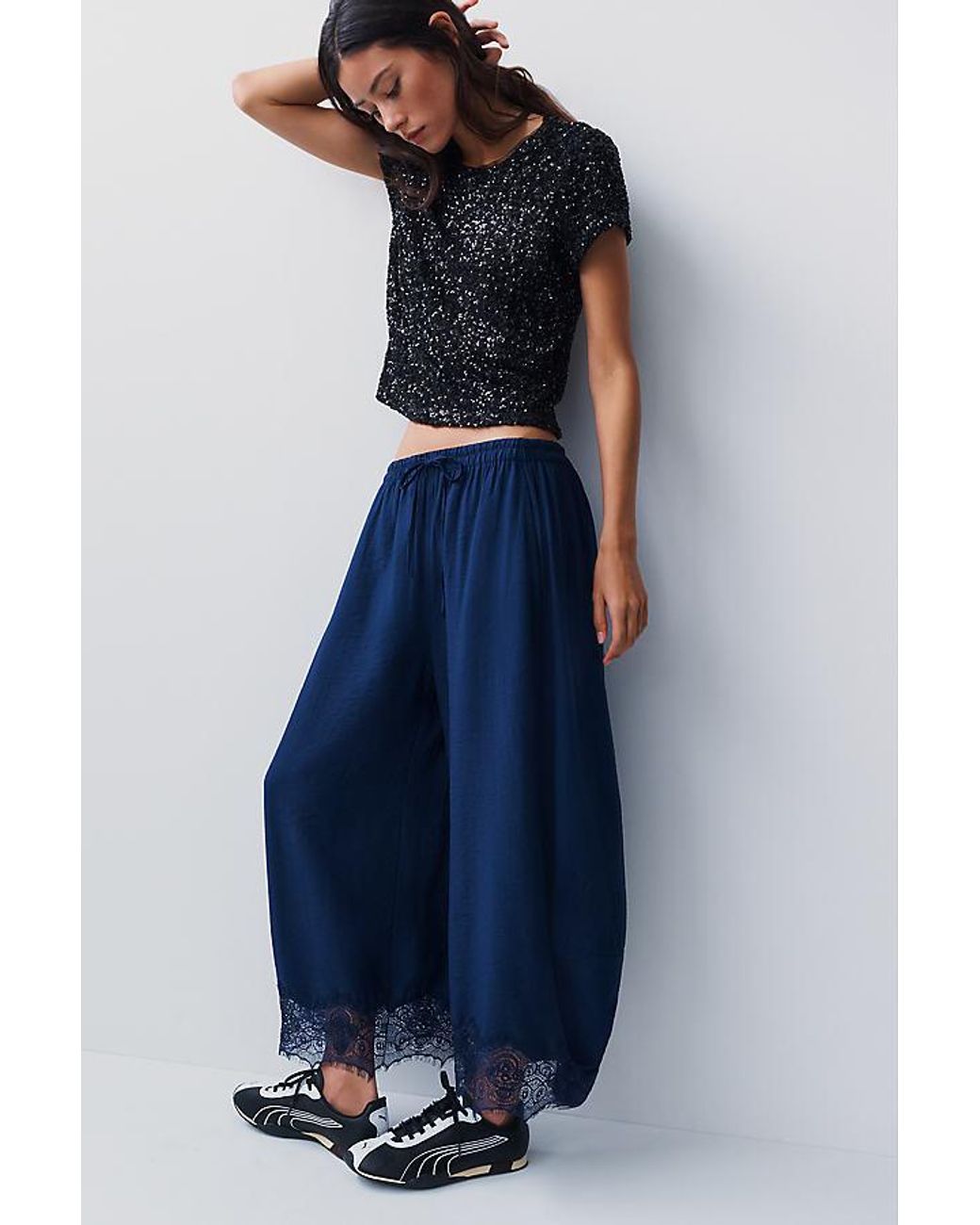 By Anthropologie Blue Reverie Cropped Lace-Hem Trousers