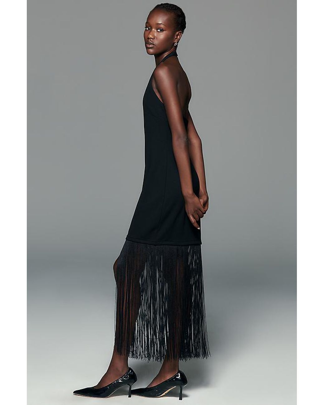 By Anthropologie Gray Jersey Fringe Midi Dress