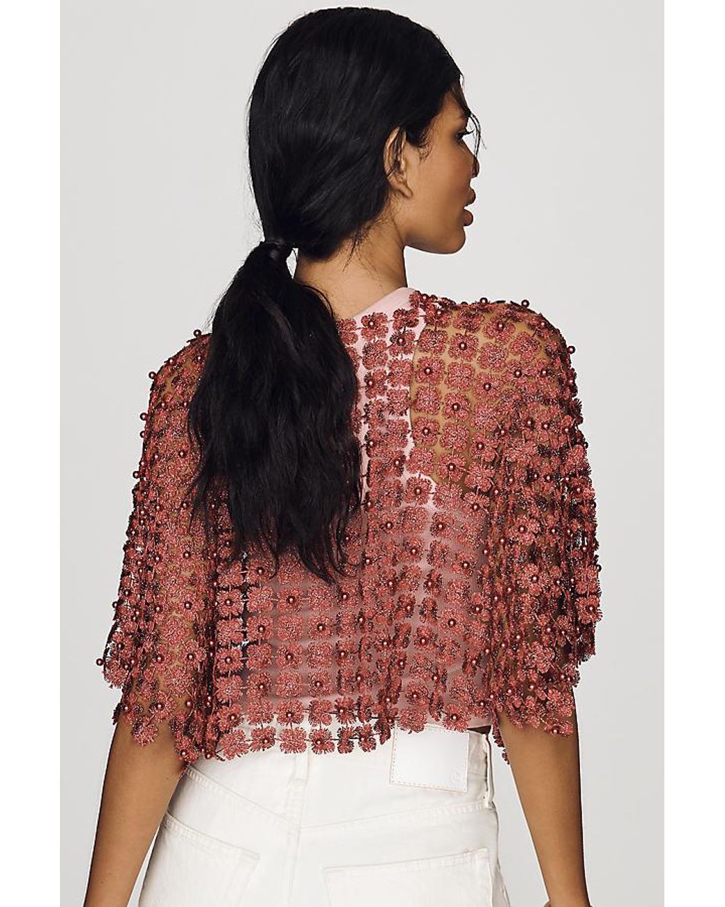 By Anthropologie Red Sheer Pearl Lace Cape