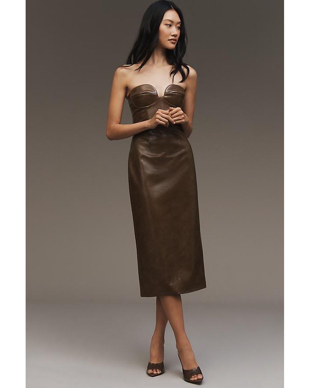 green emerald velvet dress Bae Tonight Faux Leather Strapless Midi Dress