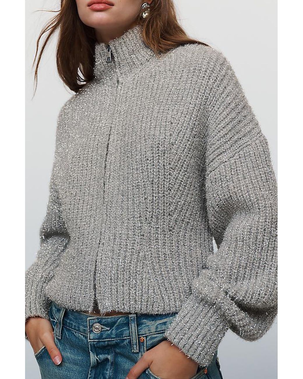 Pilcro Gray Zip-Through Mock-Neck Jumper